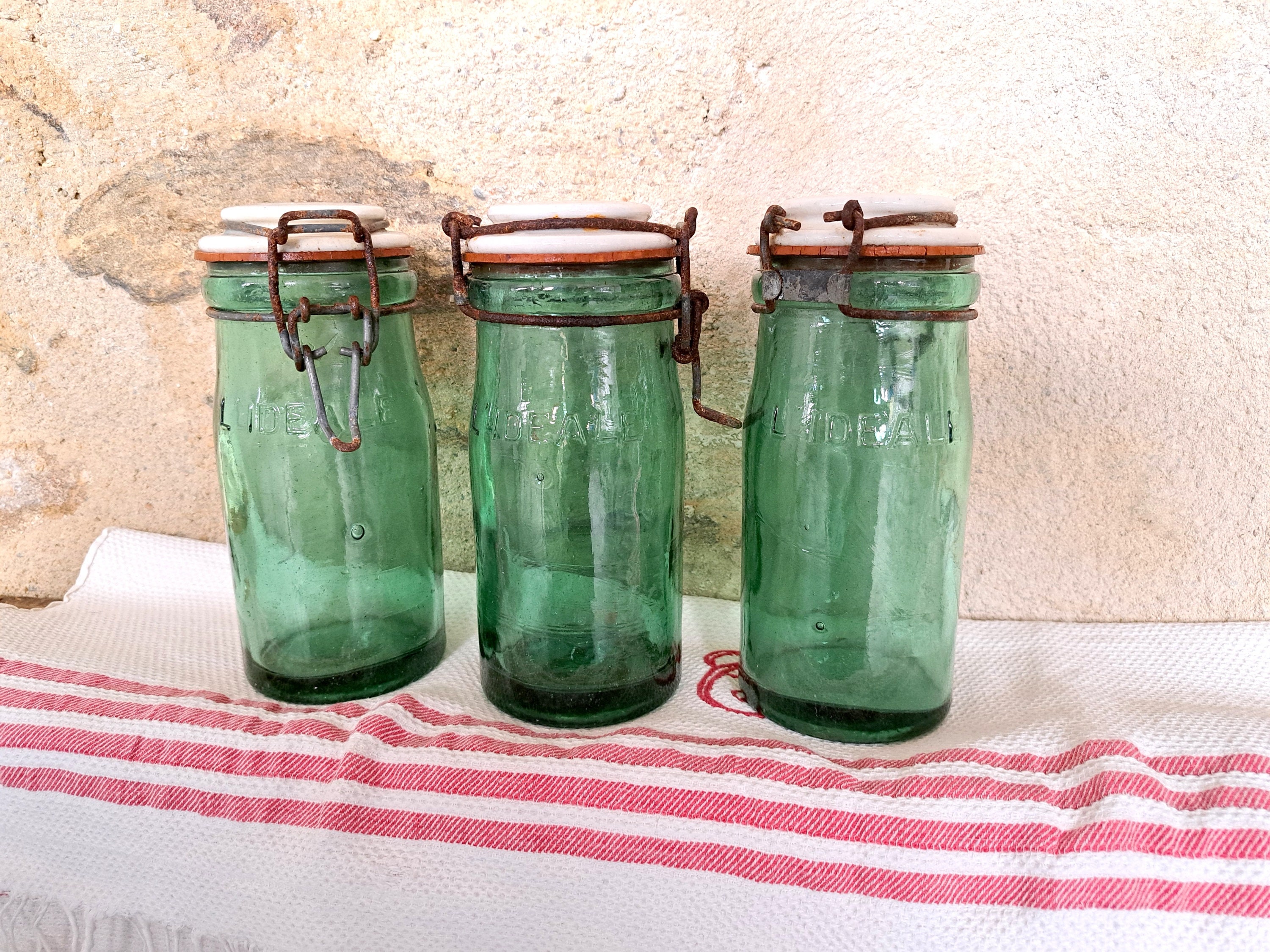 Antique Green glass Bottle with Porcelain cap, L'Ideale, lid, French, Vintage, Preserving, Cottage Kitchen Decor canning jar container