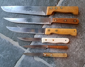 Set van 6 Franse snijmessen, antiek PRADEL D.G. gemarkeerd kookkeuken vintage mes met houten handvatten, gebruiksvoorwerp, Franse vintage
