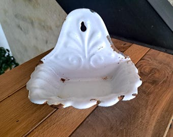 Antiek wit geëmailleerd zeepbakje, oude Franse vintage, badkamer, keuken, decoratie
