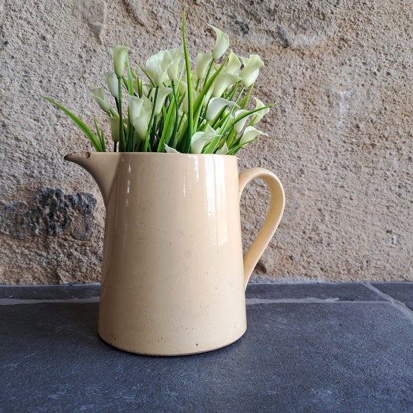 Ancien pichet à lait en grès France, poterie blanc cassé, vase de décoration de maison de campagne vintage français de carafe de fleurs de transfert etsygift