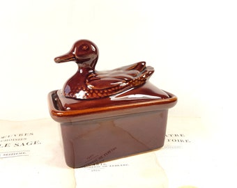 Duck Oven proof terrine Bird Shape brown glazed Pate Dish French Vintage Pallsa faience dish bowl collection foie gras figural figurine