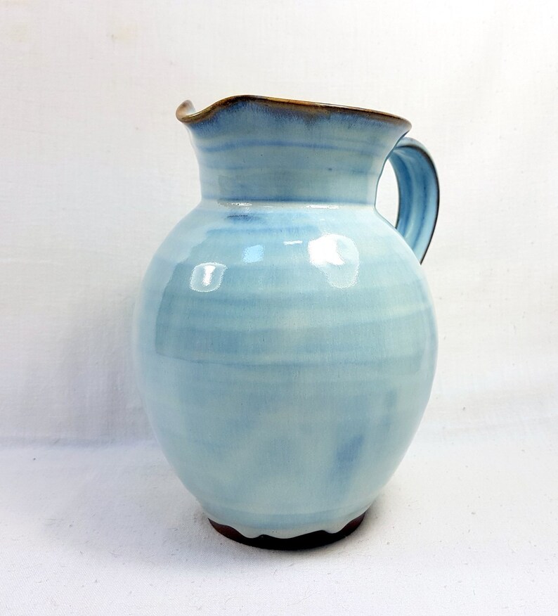 Wine Large Carafe Earthenware Jug Jar pot Bottle Vase Antique French Vintage Clear Sky Blue unique handmade pottery Water handle