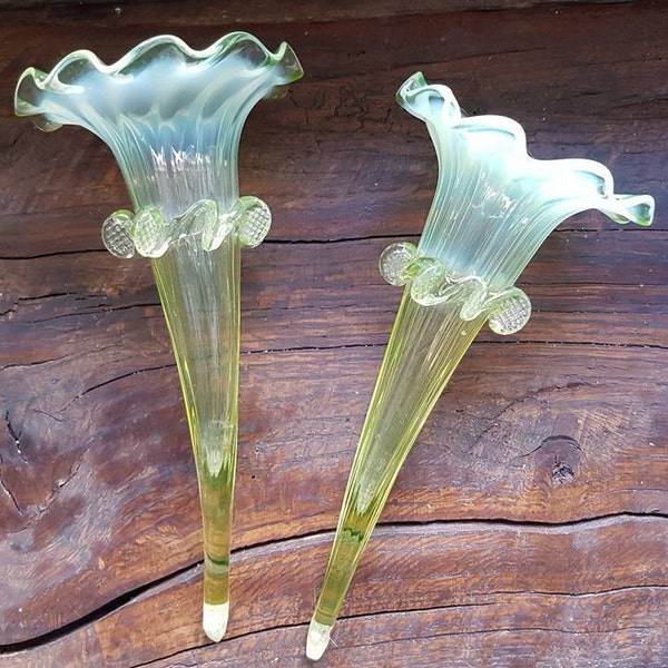 2 1800s inserts for epergne handmade glass art white green vaseline glass single trumpet flower shape  collectible