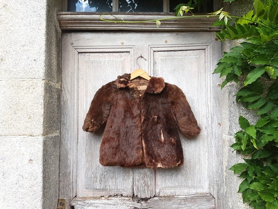 Child Fur Coat, French antique coat, leather kids… - image 1