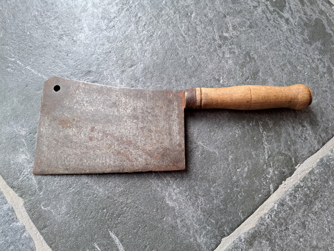 Large Antique Butcher Cleaver Knife With Oak Wood Handle Beef Etsy