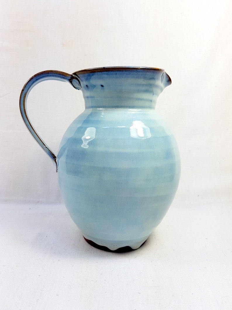 Wine Large Carafe Earthenware Jug Jar pot Bottle Vase Antique French Vintage Clear Sky Blue unique handmade pottery Water handle