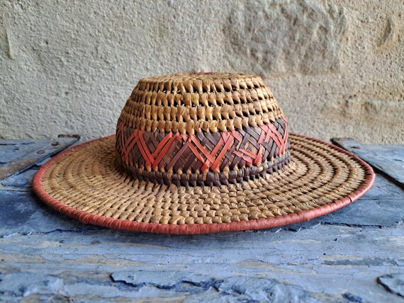 Antique solid Straw Wicker Fedora Hat, French Vin… - image 8