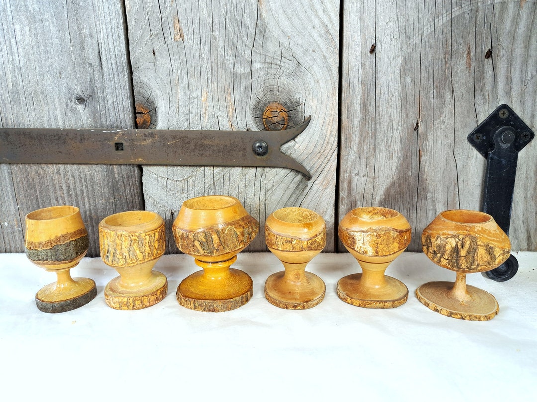 6 Antique Wooden Egg Holders, Egg Cups, Egg Stands, French Vintage Gold
