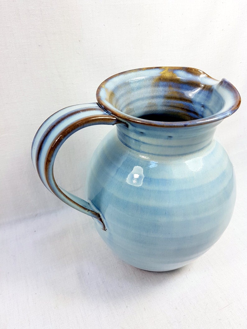Wine Large Carafe Earthenware Jug Jar pot Bottle Vase Antique French Vintage Clear Sky Blue unique handmade pottery Water handle