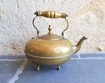 Théière en cuivre sur pied, pichet de bouilloire vintage français antique cruche d'eau chaude café rustique martelé poignée décorée à la main