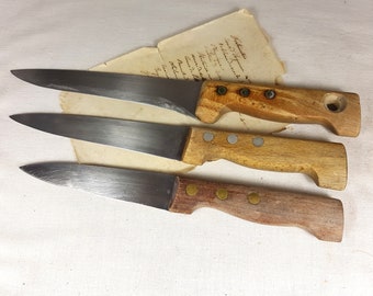 Set of 3 LARGE Kitchen Knives, French Vintage, Carving Knife Bread butcher collectible amazing antique Food Photography Props photo