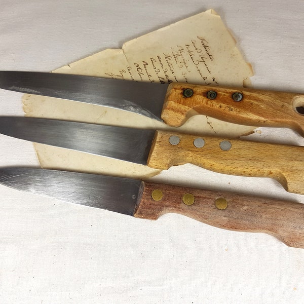 Set of 3 LARGE Kitchen Knives, French Vintage, Carving Knife Bread butcher collectible amazing antique Food Photography Props photo