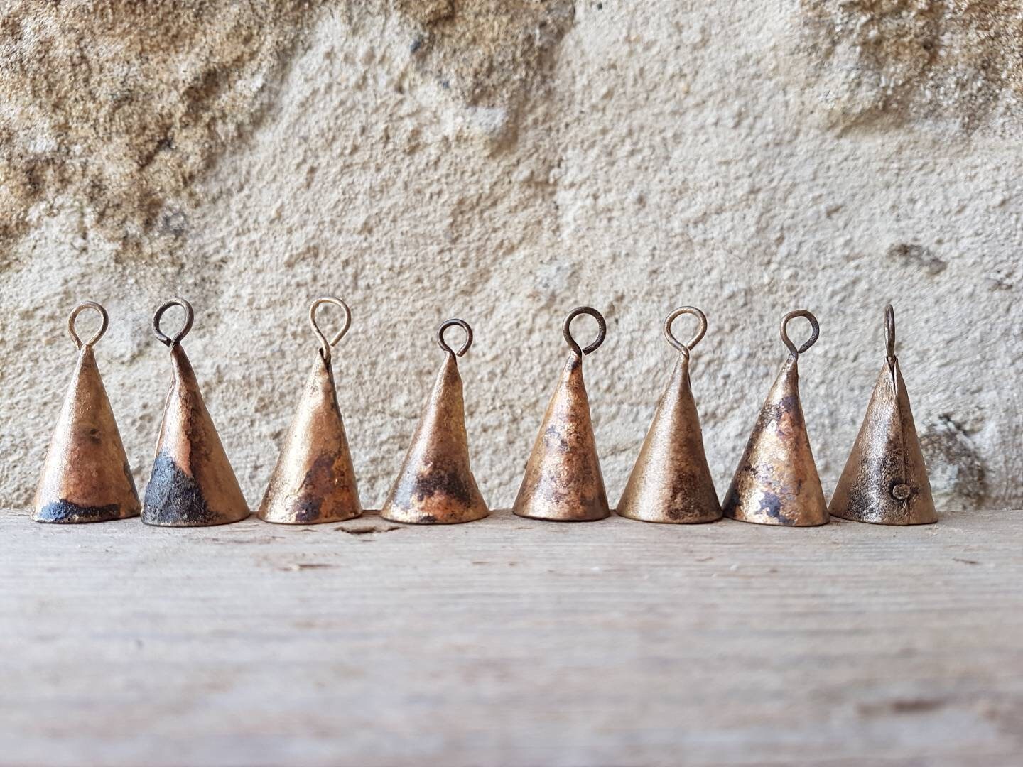 Set of 8 Rustic Rusty Vintage Cow Bells, Bronze Brass Gold colored, recycled metal, made in India, swiss cow bell, cattle bell, supply diy