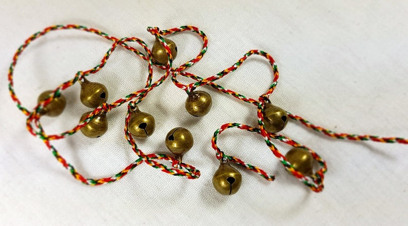 10 Small Brass Jingle Bells Colorful Cord Hanging Bells 1 yard long decorative Strand boho Windchime retro cow cord Tiny handmade India image 4