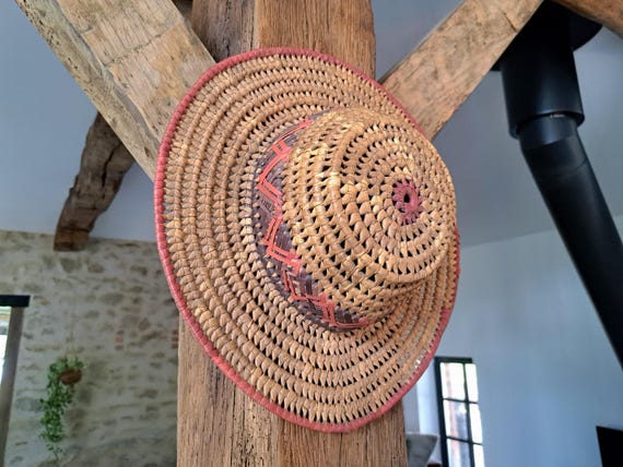 Antique solid Straw Wicker Fedora Hat, French Vin… - image 6