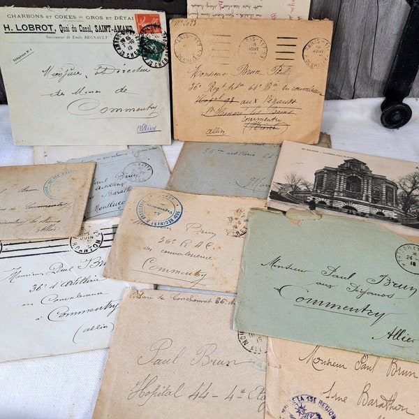 1918s paper pack with 12 documents, WO1 Antique French handwritten manuscript page paper letter notes document French Vintage script ink pen