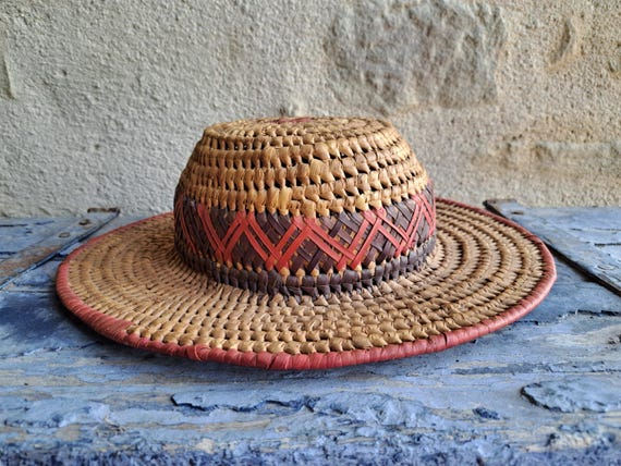 Antique solid Straw Wicker Fedora Hat, French Vin… - image 9