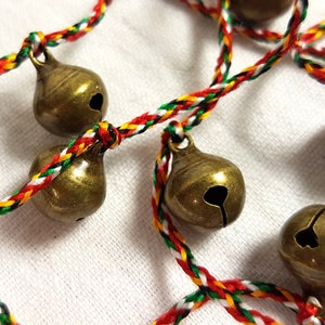 10 Small Brass Jingle Bells Colorful Cord Hanging Bells 1 yard long decorative Strand boho Windchime retro cow cord  Tiny handmade India