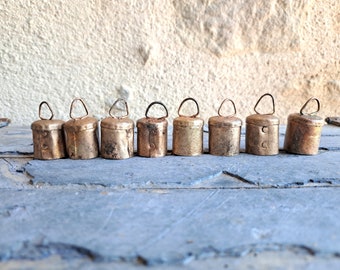 Set of 8 rustic antique looking cow bells with antique spots, brass gold color, swiss cattle bells, jingle bells christmas tree decor