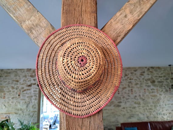 Antique solid Straw Wicker Fedora Hat, French Vin… - image 5