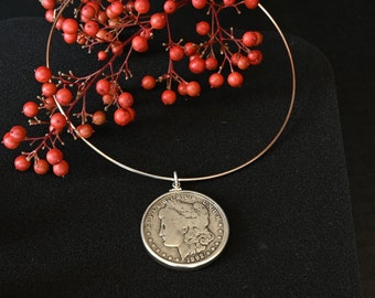 1892 Morgan Silver Dollar Coin Choker Neck Ring Pendant