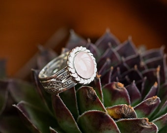 Rose Quartz Sterling Silver Ring With Wide Patterned Band