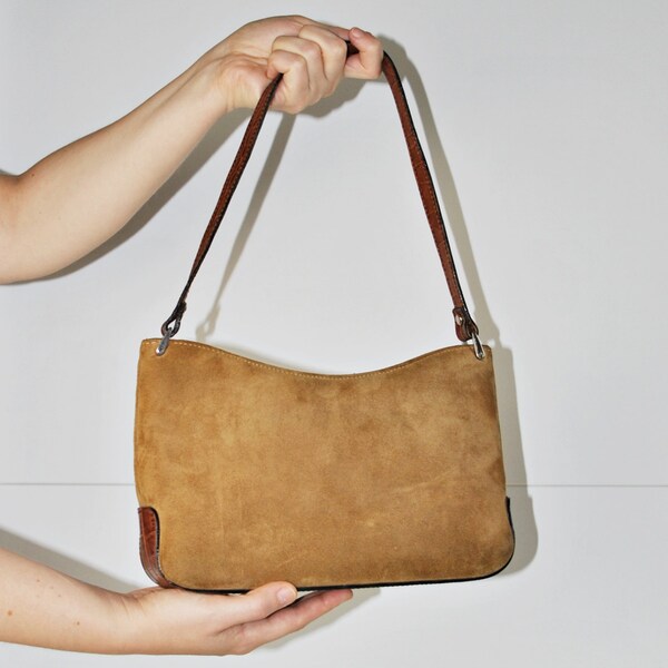 Vintage Suede Leather Purse - Camel Brown Leather Handbag - Women shoulder Bag