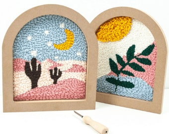 DIY Hoop Punch Needle Embroidery Kit Set for Kids | Needle Point Craft Set | Cute Modern Design Blue & Pink Yarn | Children's DIY Wall Decor