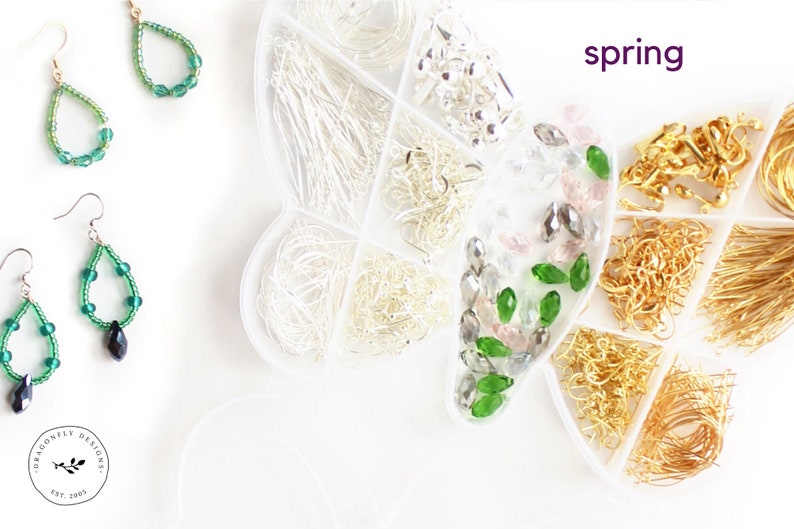 May include: Teardrop-shaped earrings with green beads and a dark gem, displayed with jewelry-making supplies in a butterfly-shaped organizer. The word "spring" is written in purple.