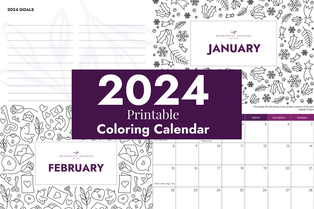 Printable 2024 Calendar 2024 Coloring Calendar Calendar for kids Goal