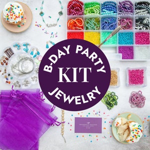 May include: A purple circle with the text "B-Day Party Kit Jewelry" in white. The circle is surrounded by various beads, jewelry making supplies, and two cupcakes with colorful sprinkles.