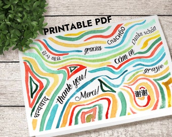 Printable Artistic Thank You Cards in Multiple Languages |  2 Colorful Printable Thank You Note Options | Digital Appreciation Card Template