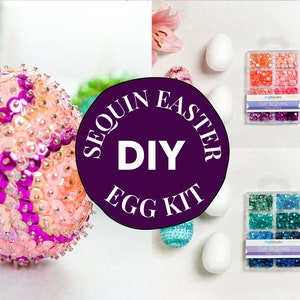 May include: DIY Sequin Easter Egg Kit with pink, purple, and blue sequins, white styrofoam eggs, and silver pins.