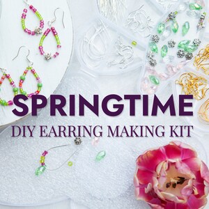 May include: DIY earring making kit with green, pink, and clear beads, gold and silver earring hooks, and a pink tulip.