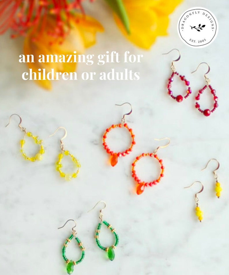 May include: A collection of handmade earrings in various colors, including red, yellow, orange, and green. The earrings feature beaded designs and teardrop or circular shapes. The image includes the text "an amazing gift for children or adults."