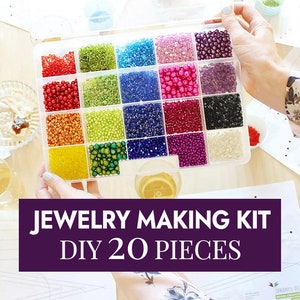 May include: A clear plastic container filled with 20 small compartments, each containing a different color of beads. The container is labeled "Jewelry Making Kit DIY 20 Pieces".