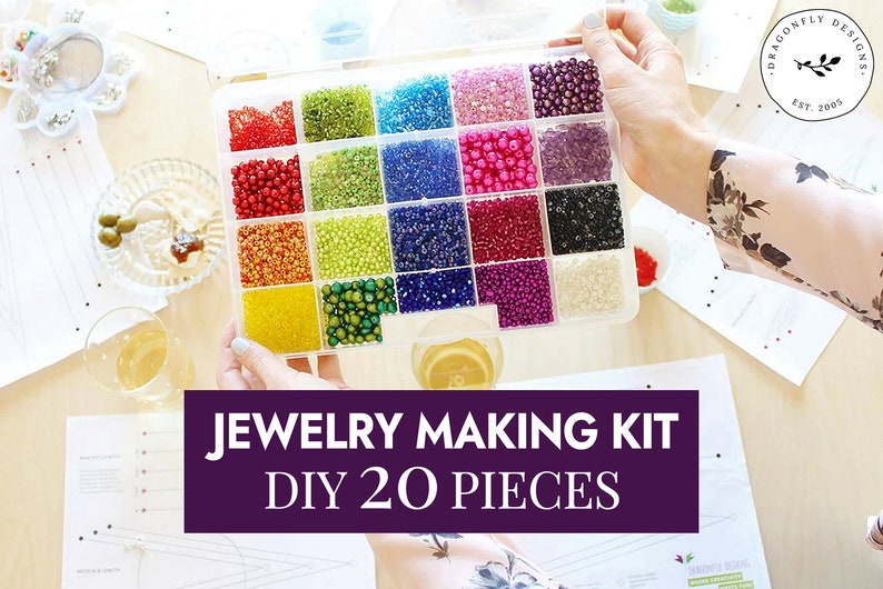 May include: A clear plastic container filled with 20 small compartments, each containing a different color of beads. The container is labeled "Jewelry Making Kit DIY 20 Pieces".