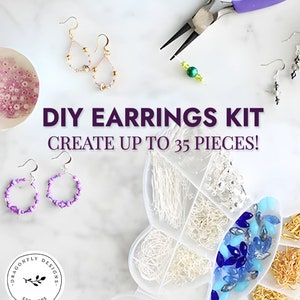 May include: A DIY earrings kit with various components, including beads, earring hooks, and wire. The kit includes the text "DIY EARRINGS KIT CREATE UP TO 35 PIECES!" and a Dragonfly Designs logo. Several finished earrings are displayed.