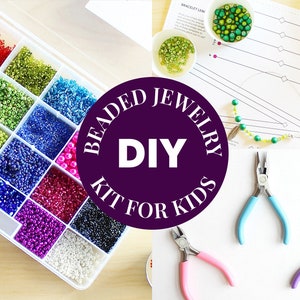 May include: A DIY beaded jewelry kit for kids with a variety of colorful beads in a plastic container, three pairs of pliers, and instructions for making bracelets and necklaces.