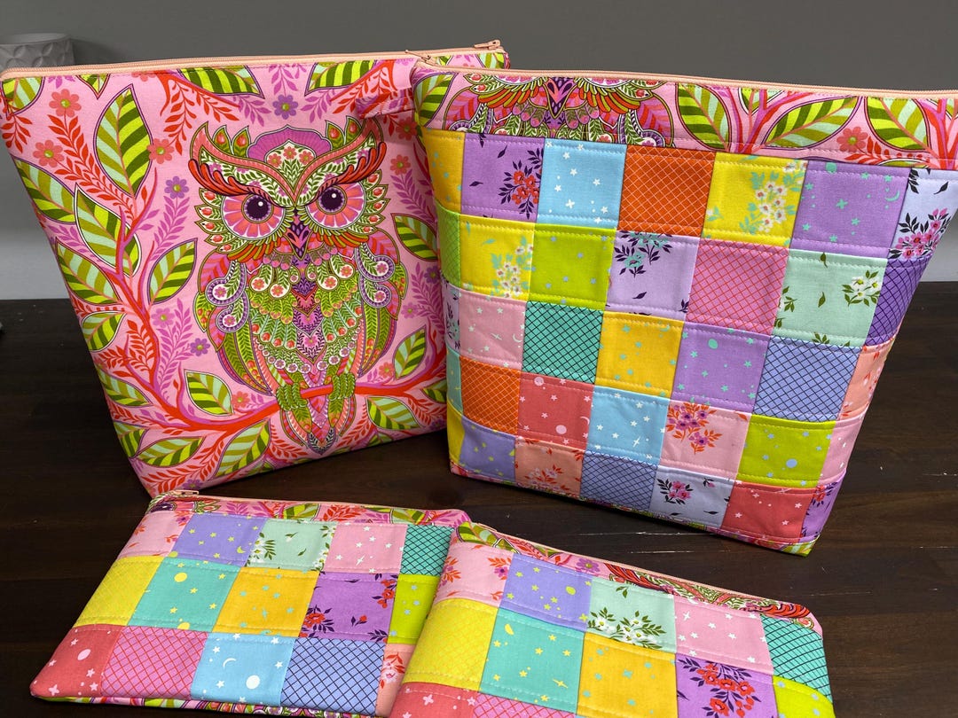 Boxed Bottom Patchwork Project Bag With Notions Pouch - Tula Pink - Owl ...