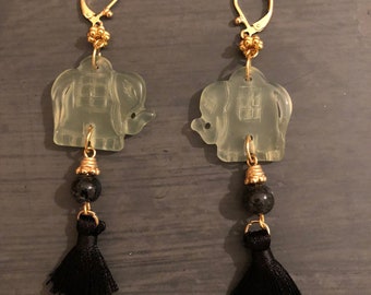 Jade Elephant Tassel Earrings