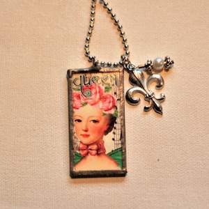 Marie Antoinette glass pendant with Pewter and pearl drop on 32&quot; silver ball chain