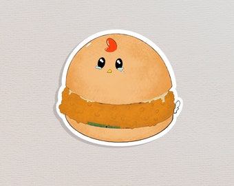 May include: A cartoon chicken-shaped burger with a red comb and a sad expression. The burger has a crispy fried chicken patty and a white bun.