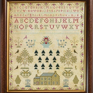Op de afbeelding: Een ingelijste kruissteek sampler met een bruine houten lijst. De sampler toont een alfabet, cijfers en diverse decoratieve elementen zoals vogels, bomen en een huis. Het kleurenpalet omvat rood, groen, blauw en beige.