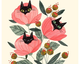 Black Cat Flowers Print
