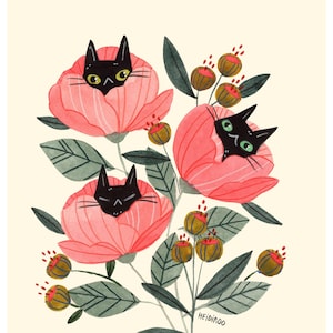 Black Cat Flowers Print