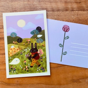 Postcard - Black Bunny Flower Fields