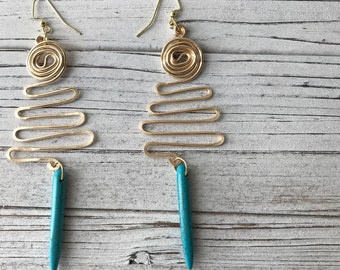 Turquoise Earrings, Gold Earrings, Wire Wrapped Jewelry, Long Earrings, Spike Earrings, Natural Stone Jewelry