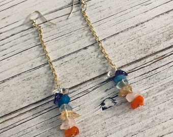 Gold Chakra Earrings, Dangle and Drop, Crystal Earrings, Semi Precious Stones, Gold Earrings, Healing Stones, Colorful Jewelry