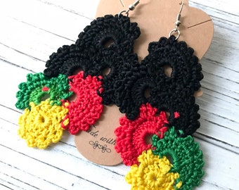 Jamaican Crochet Earrings, Natural Hair, Rasta Clothing, Jamaica Jewelry, Long Earrings, Multi-Color Earrings, Boho Jewelry, Reggae Earrings